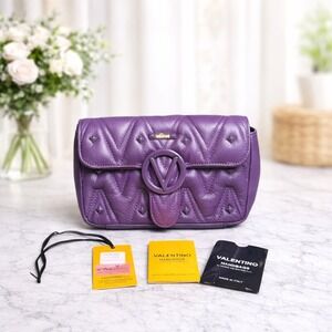 Mario Valentino Poisson Studs Purple Leather Quilted Crossbody Bag VA 9705